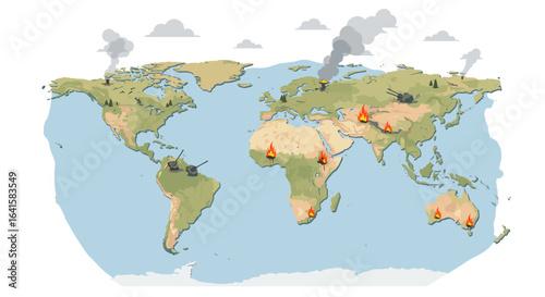 Global conflict and destruction depicted on world map with fires and artillery