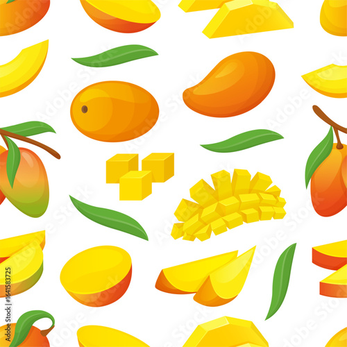 Sweet mango seamless pattern. Cartoon mango fruits, cut exotic vitamin food. Fresh tropical fruit print for fabric, wallpaper, neoteric vector background