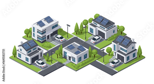 Modern eco-friendly neighborhood with solar powered homes and electric cars for sustainable living