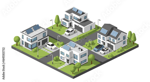 Modern eco-friendly neighborhood showcases solar powered homes and electric vehicles for sustainable living
