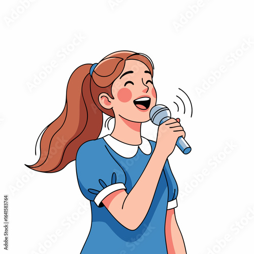 Joyful cartoon girl with a brown ponytail in a blue dress singing happily into a microphone.