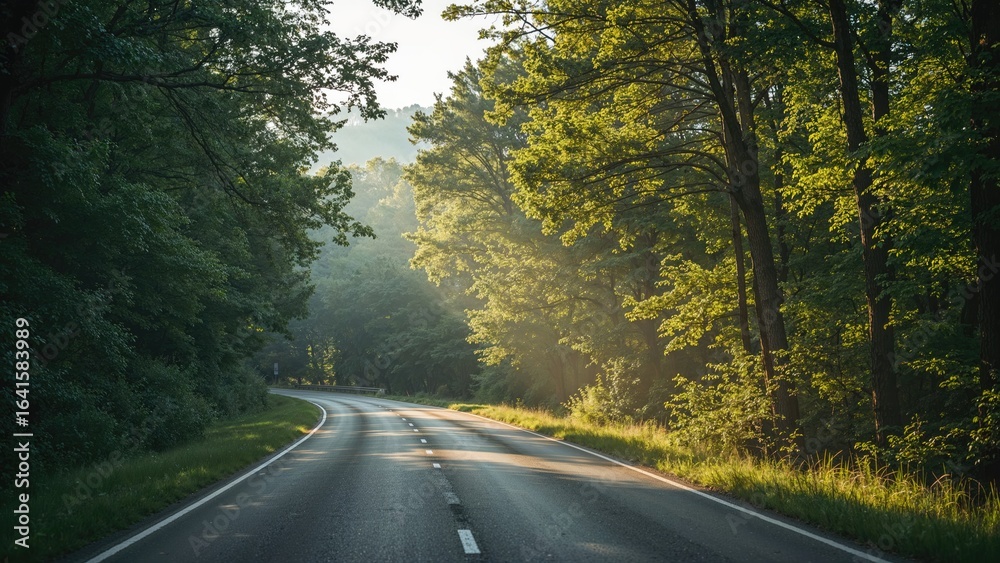 Fototapeta premium Deserted Road Cutting Through Dense Woods in Summer