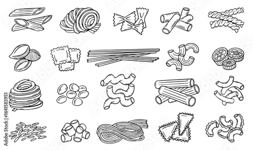 Doodle pasta set. Hand drawn pasta types, tortellini spaghetti penne rigate linguine. Italian cuisine raw ingredients for meals, neoteric vector set