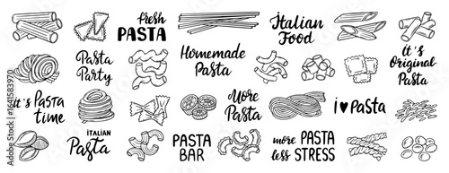 Pasta lettering. Pizza pasta meals, italian food hand drawn elements. Tasty handwritten labels, eating delicious traditional italy food, neoteric vector set