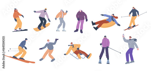 Skiing sledding and snowboarding characters. People in winter sport outfits. Sport man woman on skates. Seasonal outdoor activities, vector set