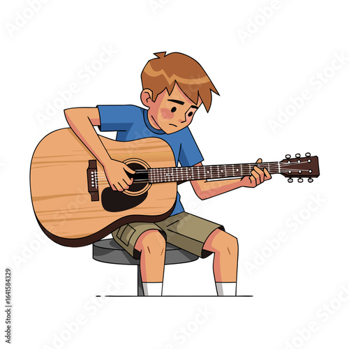 Young Boy with Eye Patch Playing Acoustic Guitar.