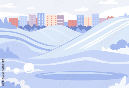 Snowy city park with hills for skiing and sledding. Empty town on christmas vacations. Outdoor activities area with snowdrifts, vector landscape