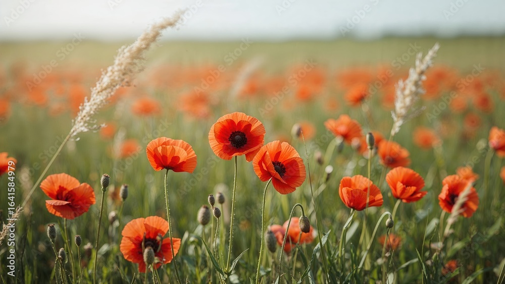 Fototapeta premium Red poppies bloom vibrantly in a natural meadow