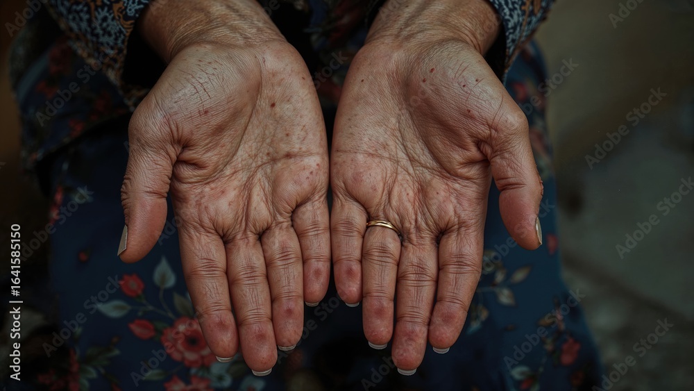 Fototapeta premium Hands of an aged woman with freckles and wrinkles illustrating seniority