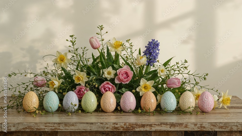 Obraz premium Spring flowers and Easter eggs arranged on a table