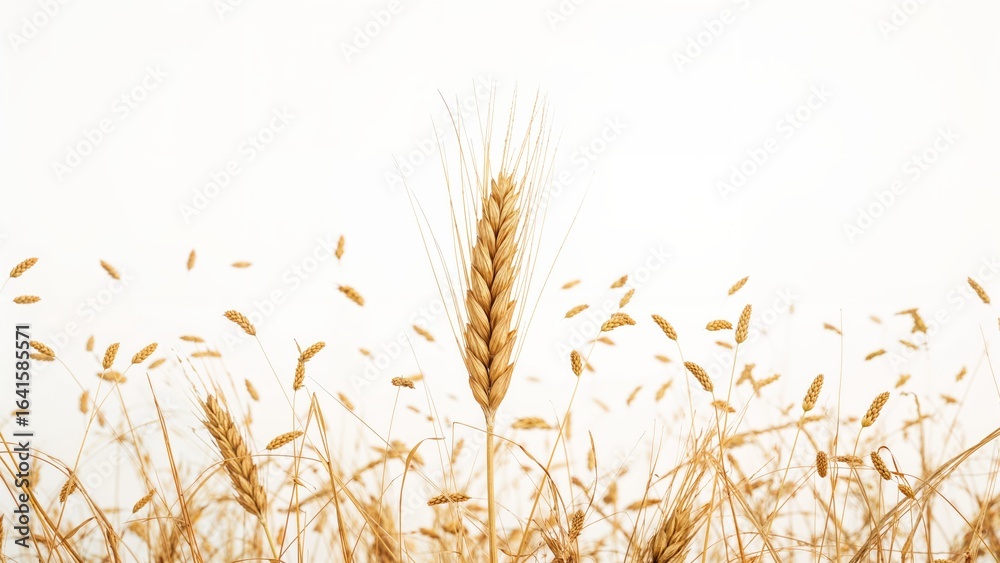 Fototapeta premium Close-up of wheat ears isolated on white, natural organic crop background, summer and autumn farm produce visual