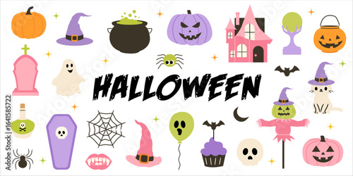 Hand drawn Halloween illustrations. Pumpkin, witch hat, cauldron, haunted house, ghost, tombstone. Cute festive doodles for invitations, greeting cards, posters, stickers, seasonal designs.