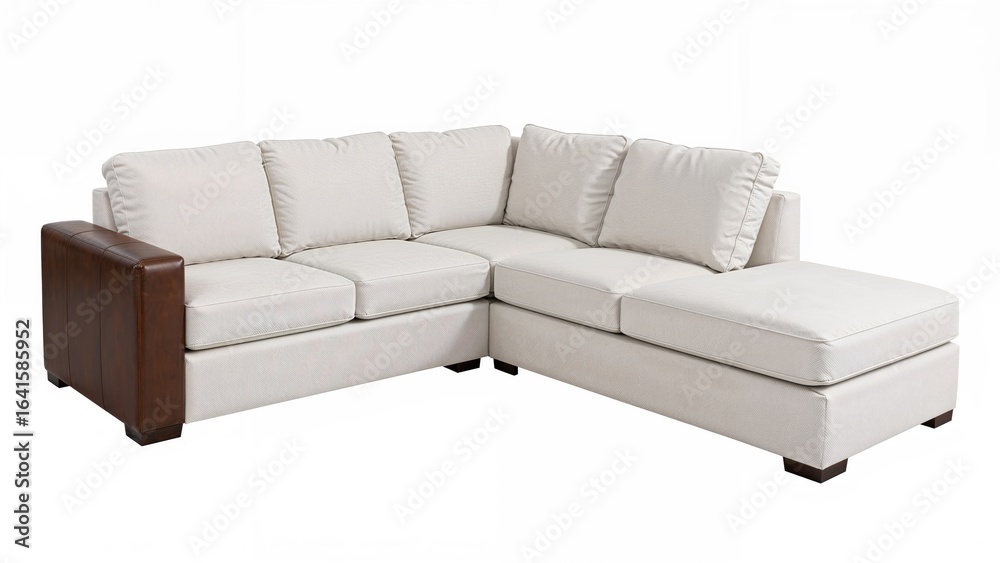 Obraz premium L-shaped sleeper sofa with storage, featuring soft white fabric cushions and brown leatherette armrests, set against a white backdrop, with clipped path.