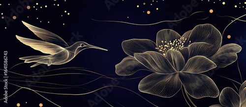 Elegant Golden Hummingbird and Lotus Flower on Dark Celestial Background with Bokeh Lights