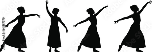 Elegant ballet dancers silhouette, graceful female ballerinas, modern dance poses, artistic performance, stage art, expressive movement, classical dance, fluid motion