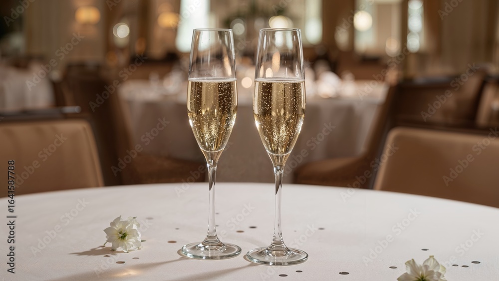 Sophisticated celebration scene with champagne glasses ready for toasting Sophisticated celebration scene with champagne glasses ready for toasting