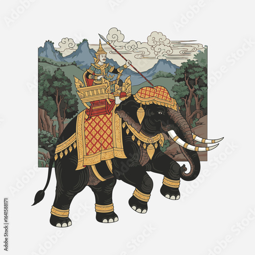 A warrior astride a majestic elephant, amidst a lush mountainous landscape.