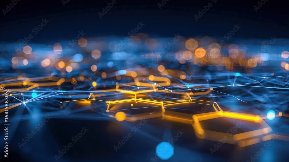 Obraz premium Abstract Technology Background with Glowing Hexagons and Connected Dots for Science and Futuristic Concepts