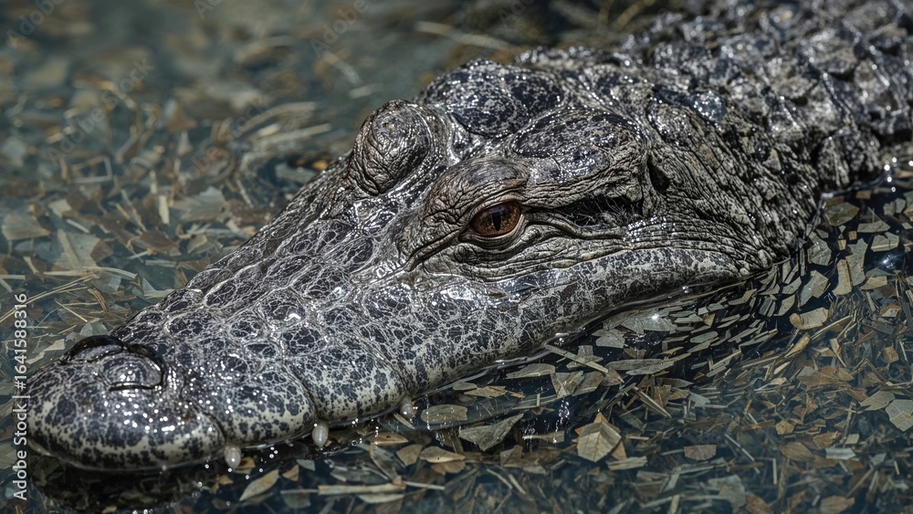 Obraz premium Macro image highlighting the textured armored body of a rare, dark-colored alligator species.