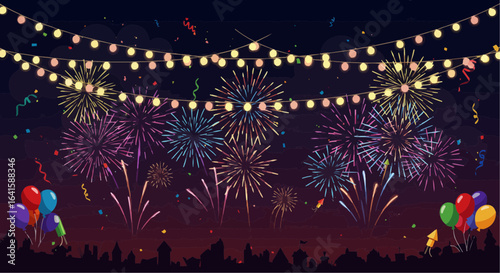 Colorful fireworks illuminate a dark sky, with festive lights and balloons adding to the celebration.