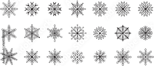 Snowflake Icon Set in Line Style. Collection of 20 Unique Winter Snowflake Designs with Intricate and Minimal Patterns. Editable Vector for Seasonal and Decorative Use