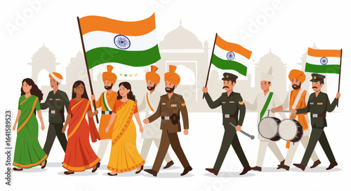 Indian People in Independence Day Parade with Flags