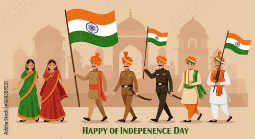 Indian People in Independence Day Parade with Flags