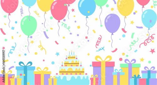 Colorful birthday illustration featuring a tiered cake, gifts, balloons, confetti, and streamers on a white background.