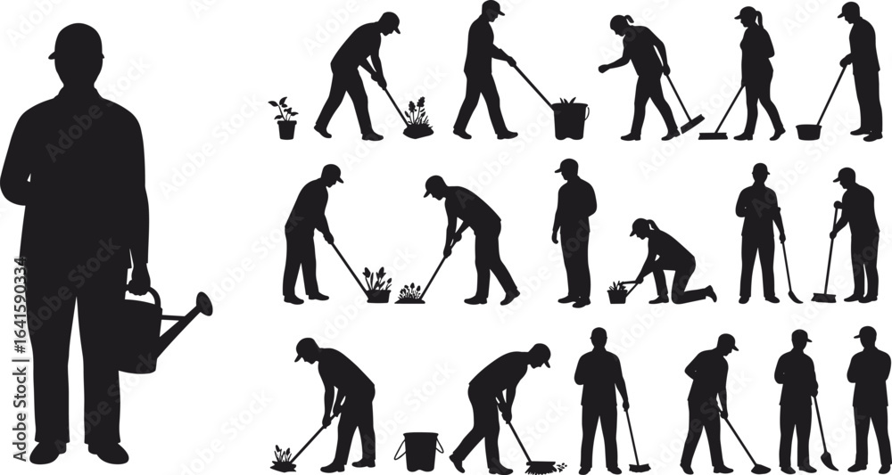 Obraz premium Gardener silhouettes planting, watering, sweeping, farming activity, garden maintenance, worker with tools, spring cleaning, horticulture labor, outdoor job