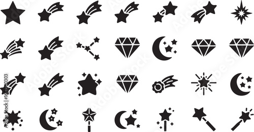 Celestial and Magical Icon Set in Silhouette Style. Collection of Starry and Fantasy Linear Icons, Including moon, star, shooting star, constellation, diamond, magic wand, sparkle. Editable