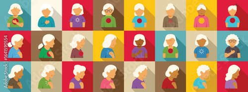 Old woman chest ache icons set. Set of diverse elderly women clutching their chests, depicting heart attack or angina symptoms