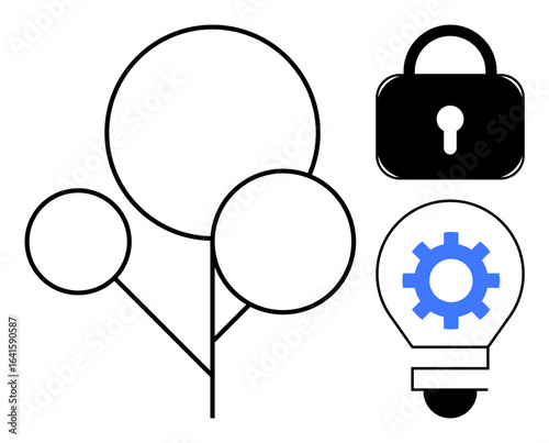 Minimalistic tree, locked padlock, light bulb with gear emphasizing growth, security, innovation, and technology. Ideal for sustainability, digital security, eco-technology startup growth clean