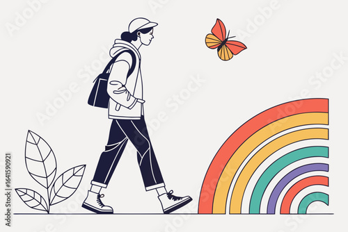 Illustration Traveler with rainbow and butterfly