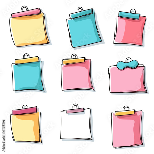 Hand drawn colorful sticky note memo set with clips and thumbtacks doodle style sketch vector illustration for reminders and organization concepts on white background