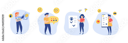 Diverse people giving feedback and rating satisfaction with emojis and checklists in flat minimalist vector style illustration set for customer review concept