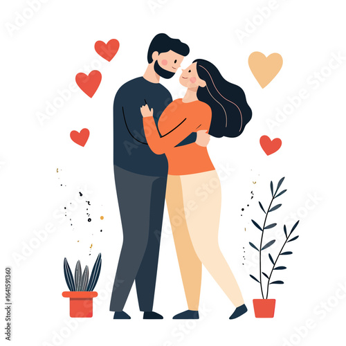 Romantic couple embracing with love hearts and potted plants minimal flat vector illustration of affectionate man and woman in casual clothing expressing intimacy and affection