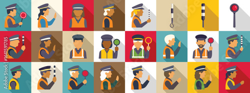 Traffic controller icons set. Diverse traffic officers managing traffic flow, using hand signals and stop signs, ensuring road safety