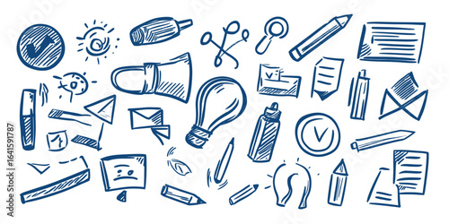 Hand drawn doodle set of business office and marketing icons including light bulb, pencil, envelope, clock, megaphone, paper, and links in blue sketch style vector illustration
