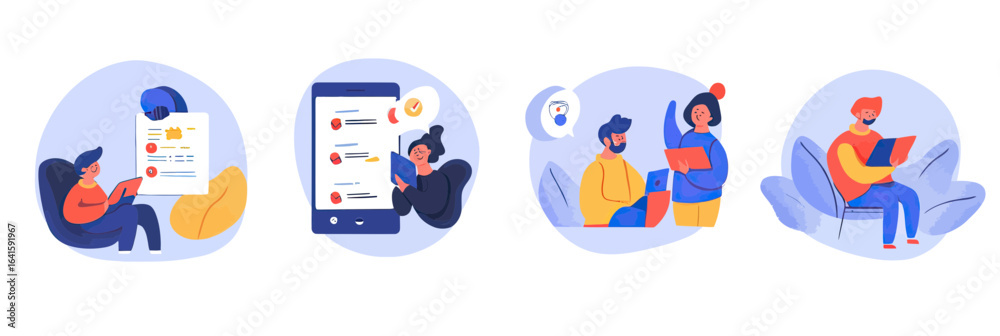 Fototapeta premium Remote team members organizing video call agenda and collaborative discussion using tablet and laptop devices in flat minimalist style vector illustration