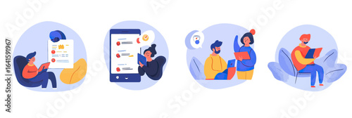 Remote team members organizing video call agenda and collaborative discussion using tablet and laptop devices in flat minimalist style vector illustration