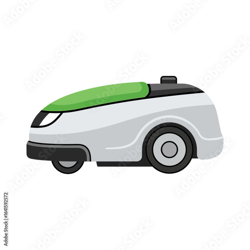 A white and green robotic lawnmower is shown in a side view.