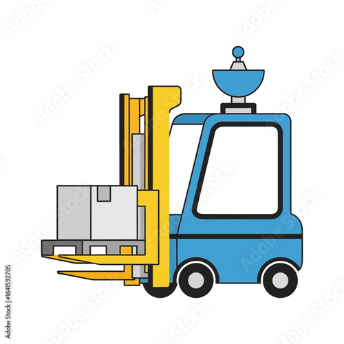 Cartoon forklift carrying a box with a satellite dish on its roof.