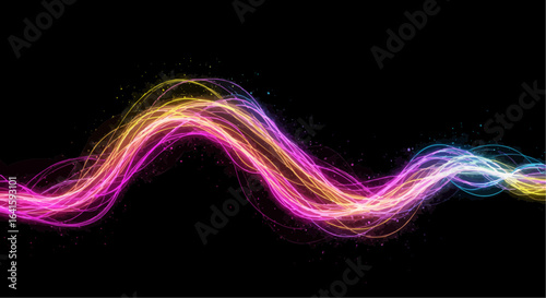 Abstract luminous glowing waves with sparkles on a black background, representing energy and motion