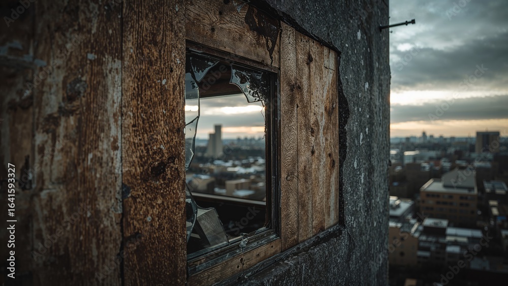 Shattered glass shielded by wooden panels Shattered glass shielded by wooden panels