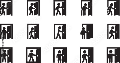 Door Interaction Icon Set in Line Style. Collection of Human Silhouette Linear Icons, Including opening door, closing door, walking through, standing in doorway, entry, exit. Editable