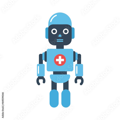 Blue robot with a red cross on its chest stands upright facing forward.