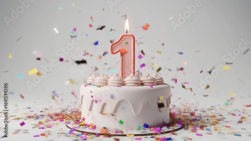Pink birthday cake with candle number 1. White background with confetti falling down. Video for 1st birthday or anniversary party