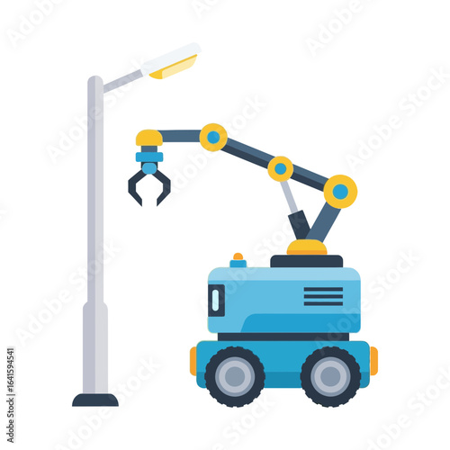 Blue robotic vehicle with mechanical arm stands next to a street light.