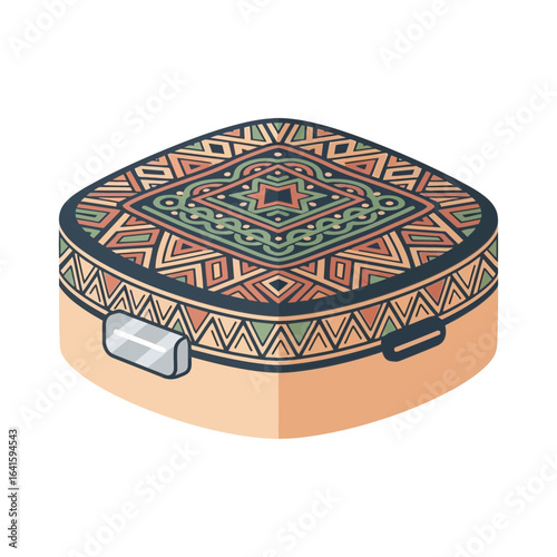 A patterned kufi hat with geometric designs and a tan base.