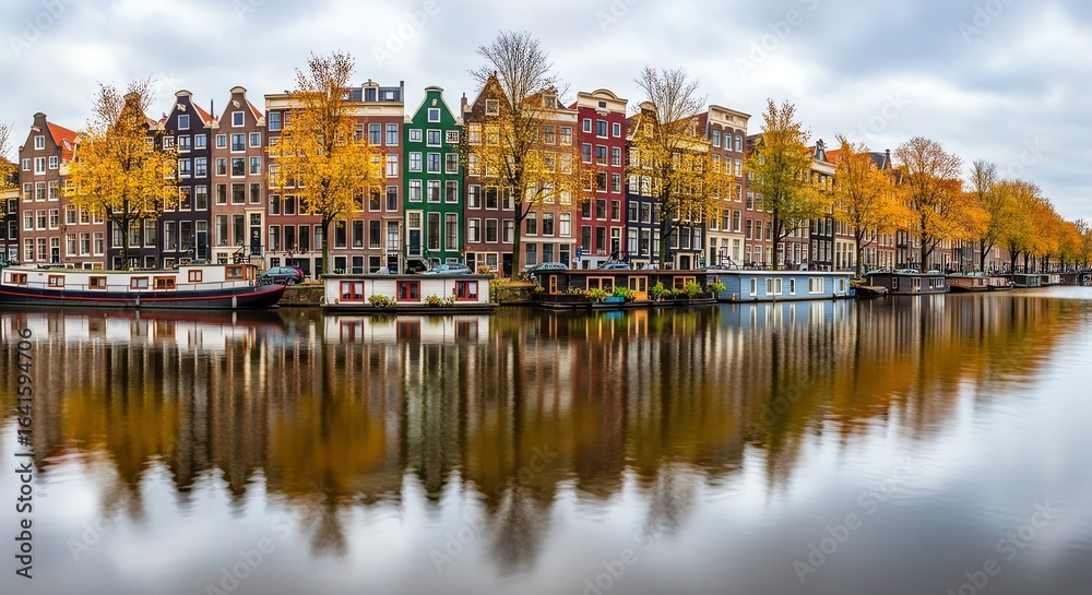 Fototapeta premium Amsterdam canal houses reflect in water with autumn trees
